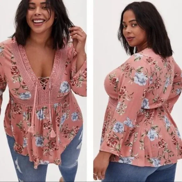 Torrid Dusty Coral Floral Crinkle Gauze Crochet Babydoll Top Size 3 3X H13239 - Picture 10 of 12